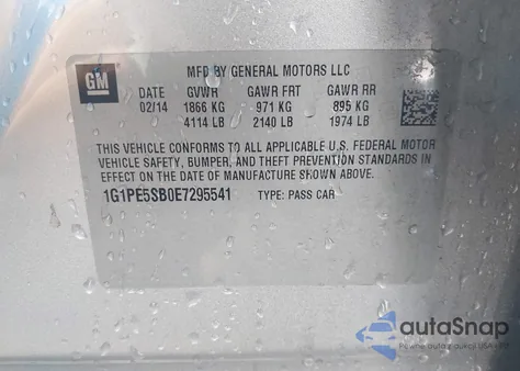 2014 Chevrolet Cruze 2Lt Auto из США, поврежденный, VIN 1G1PE5SB0E7295541